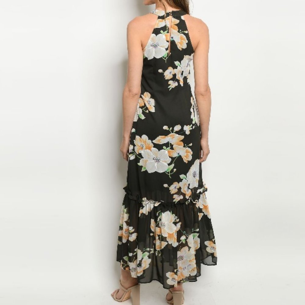 Ruffle Tier Floral Halter Maxi Dress Black - Picture 2 of 9